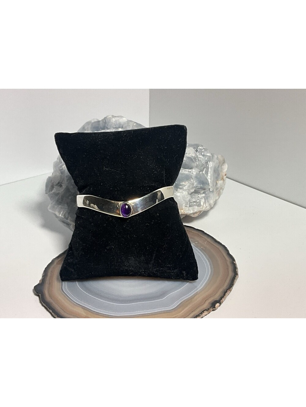 Stamped & Signed V Shaped 925 Sterling Silver W/ Amethyst Stone Cuff Bracelet